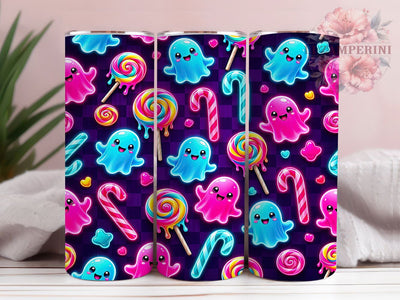 Neon Halloween Ghost Candy 20oz Tumbler, Neon Ghosts, Halloween Candy, 20oz Wrap, Glowing Pattern, Spooky Vibes, Sublimation Tumbler, Festive Style Sublimation Li Zamperini 