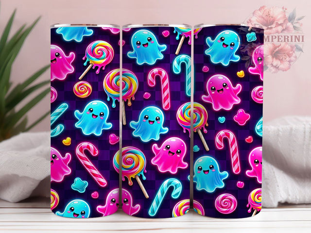 Neon Halloween Ghost Candy 20oz Tumbler, Neon Ghosts, Halloween Candy, 20oz Wrap, Glowing Pattern, Spooky Vibes, Sublimation Tumbler, Festive Style Sublimation Li Zamperini 