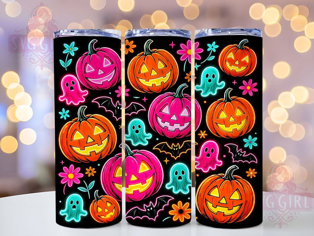 Neon Halloween Glow 20oz Tumbler, Neon Theme, Halloween Motif, Glow Effect, Spooky Style, Whimsical Charm, Skinny Tumbler, Sublimation PNG Sublimation SvggirlplusArt 