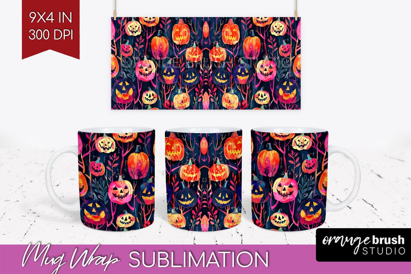 Neon Halloween Mug Wrap - Spooky Mug Sublimation Designs Sublimation OrangeBrushStudio 