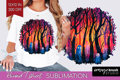 Neon Halloween Pattern, Round Tshirt Sublimation Background Sublimation OrangeBrushStudio 