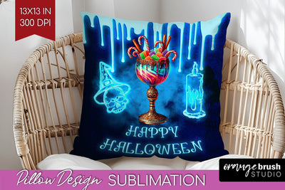 Neon Halloween Pillow Sublimation, Cocktail Pillow Cover PNG Sublimation OrangeBrushStudio 