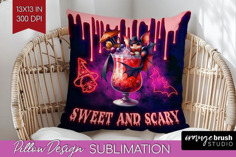 Neon Halloween Pillow Sublimation, Cocktail Pillow Cover PNG Sublimation OrangeBrushStudio 