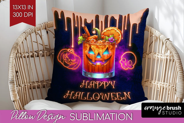 Neon Halloween Pillow Sublimation, Cocktail Pillow Cover PNG Sublimation OrangeBrushStudio 