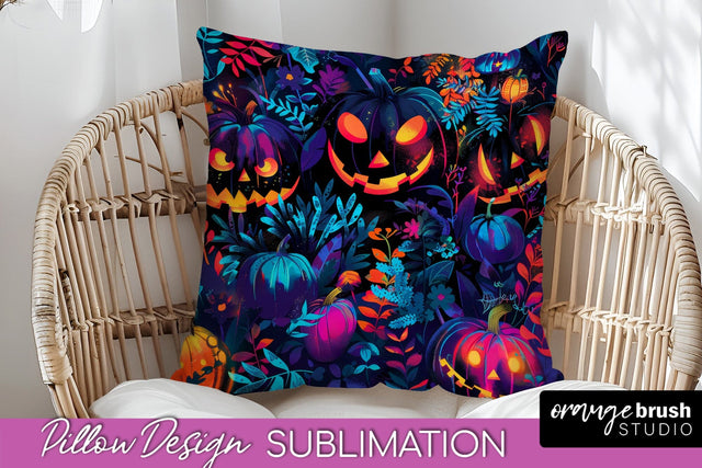 Neon Halloween Pillow Sublimation - Spooky Pillow Cover Sublimation OrangeBrushStudio 
