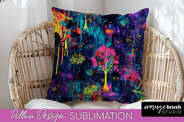 Neon Halloween Pillow Sublimation - Spooky Pillow Cover Sublimation OrangeBrushStudio 