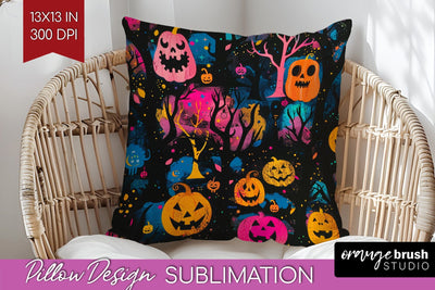 Neon Halloween Pillow Sublimation - Spooky Pillow Cover Sublimation OrangeBrushStudio 