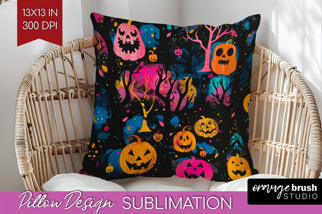 Neon Halloween Pillow Sublimation - Spooky Pillow Cover Sublimation OrangeBrushStudio 
