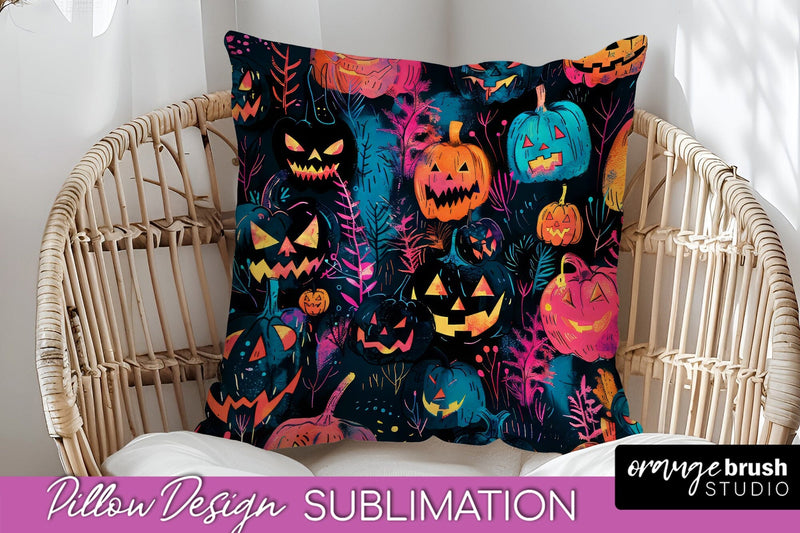 Neon Halloween Pillow Sublimation - Spooky Pillow Cover Sublimation OrangeBrushStudio 