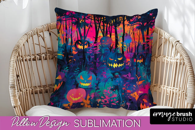Neon Halloween Pillow Sublimation - Spooky Pillow Cover Sublimation OrangeBrushStudio 