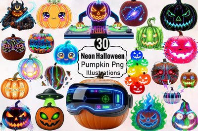 Neon Halloween Pumpkin Clipart Bundle. Sublimation SVGArt 