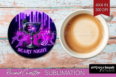 Neon Halloween Round Coaster - Cocktail Coaster Sublimation Sublimation OrangeBrushStudio 