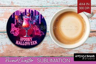 Neon Halloween Round Coaster - Cocktail Coaster Sublimation Sublimation OrangeBrushStudio 