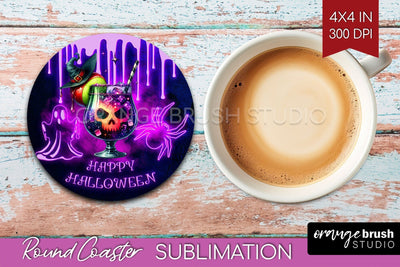 Neon Halloween Round Coaster - Cocktail Coaster Sublimation Sublimation OrangeBrushStudio 