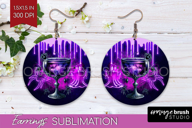 Neon Halloween Round Earrings, Cocktail Earrings Sublimation Sublimation OrangeBrushStudio 