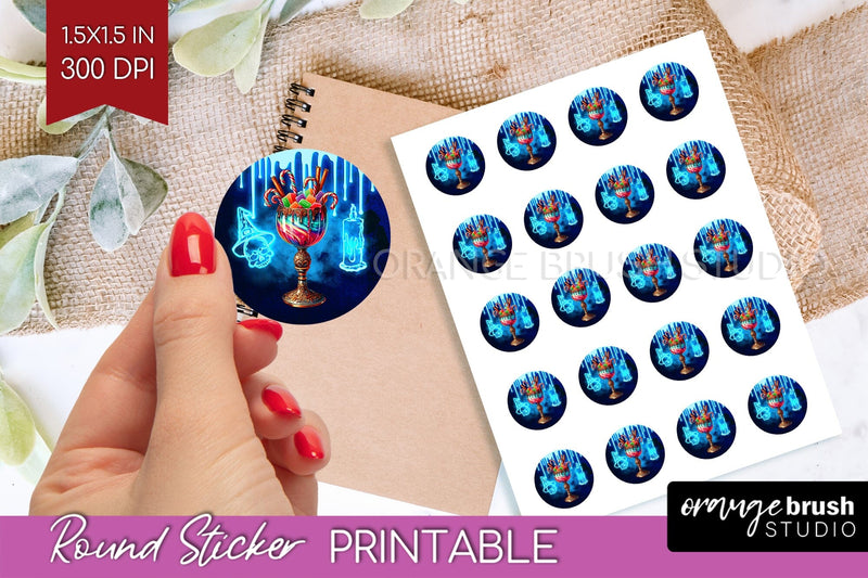 Neon Halloween Round Sticker - Cocktail Printable Stickers Sublimation OrangeBrushStudio 