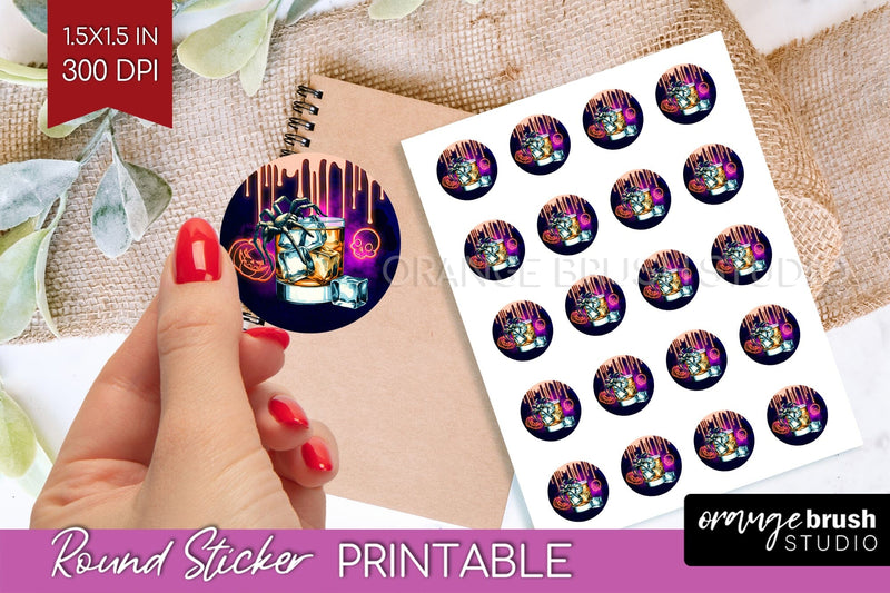 Neon Halloween Round Sticker - Cocktail Printable Stickers Sublimation OrangeBrushStudio 