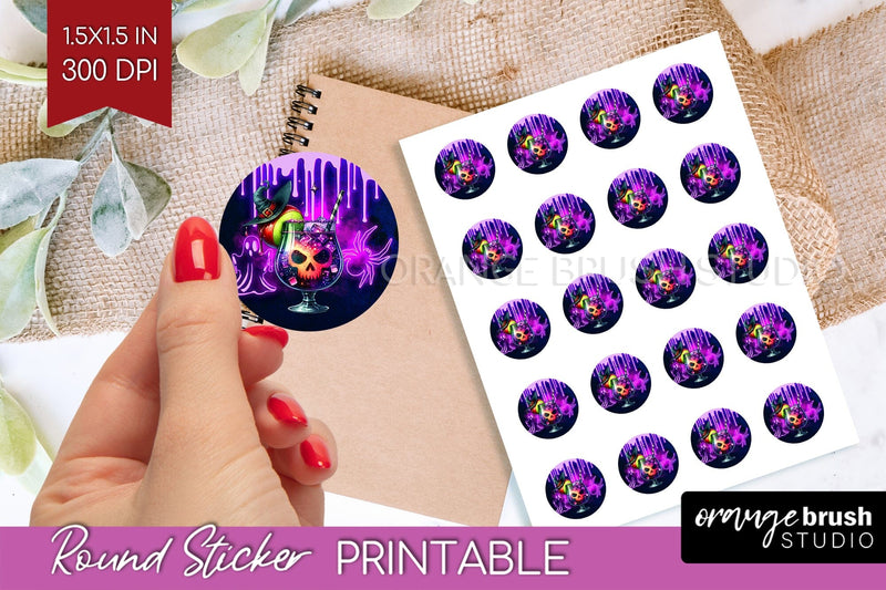 Neon Halloween Round Sticker - Cocktail Printable Stickers Sublimation OrangeBrushStudio 