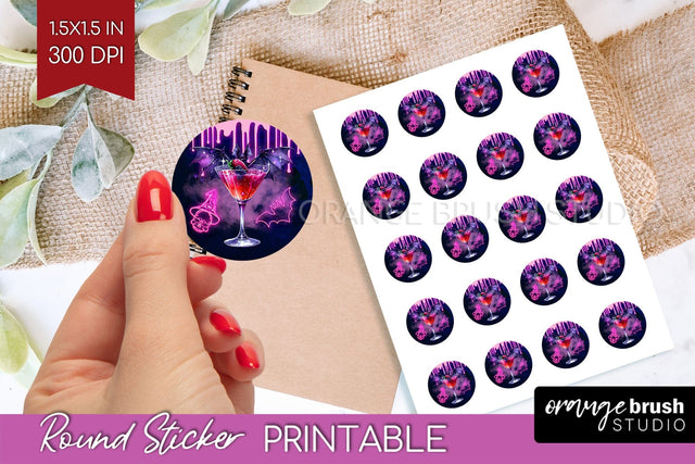 Neon Halloween Round Sticker - Cocktail Printable Stickers Sublimation OrangeBrushStudio 