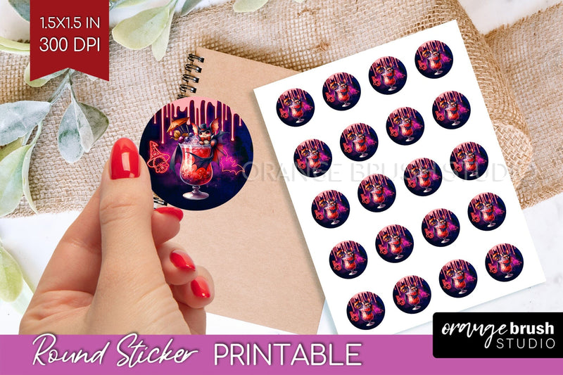 Neon Halloween Round Sticker - Cocktail Printable Stickers Sublimation OrangeBrushStudio 