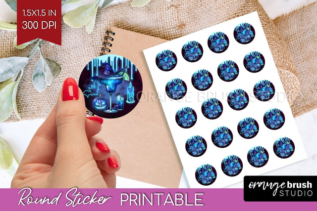 Neon Halloween Round Sticker - Cocktail Printable Stickers Sublimation OrangeBrushStudio 