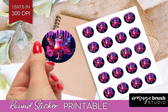 Neon Halloween Round Sticker - Cocktail Printable Stickers Sublimation OrangeBrushStudio 