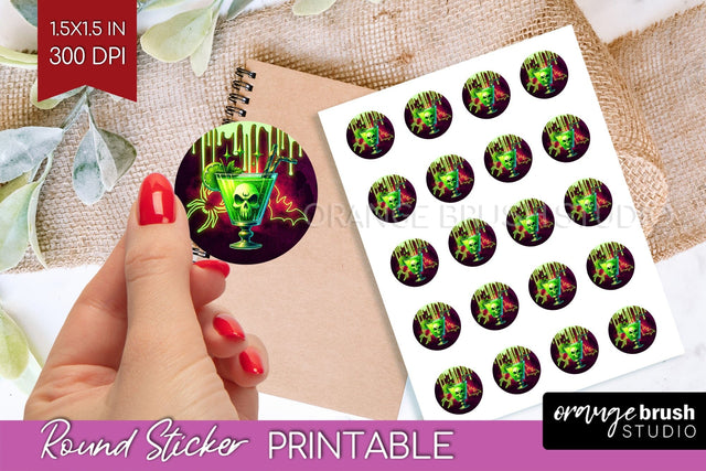 Neon Halloween Round Sticker - Cocktail Printable Stickers Sublimation OrangeBrushStudio 