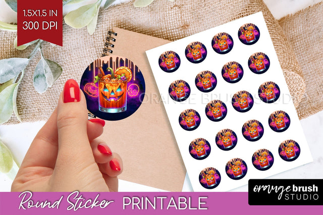 Neon Halloween Round Sticker - Cocktail Printable Stickers Sublimation OrangeBrushStudio 