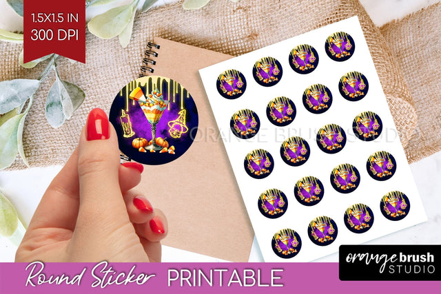 Neon Halloween Round Sticker - Cocktail Printable Stickers Sublimation OrangeBrushStudio 