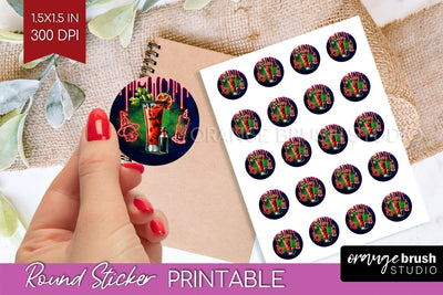 Neon Halloween Round Sticker - Cocktail Printable Stickers Sublimation OrangeBrushStudio 