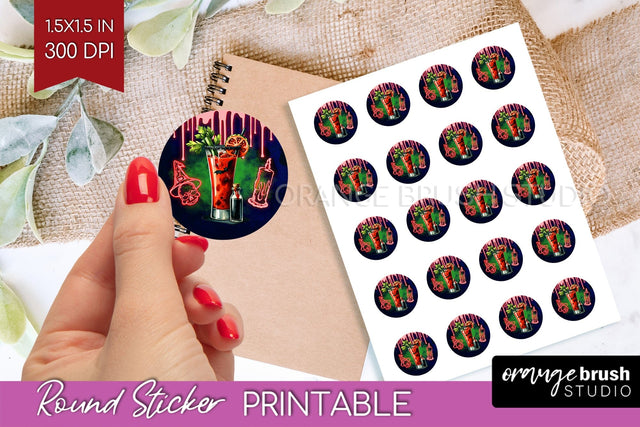 Neon Halloween Round Sticker - Cocktail Printable Stickers Sublimation OrangeBrushStudio 