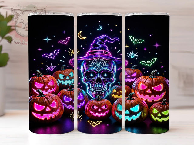 Neon Halloween Skull & Pumpkins 20oz Tumbler, Neon Halloween, Skull Pumpkins, Glowing Spooky, 20oz Tumbler Wrap, Sublimation Design, Bright Holiday, Digital Download Sublimation Lara' s Designs 