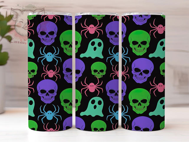 Neon Halloween Spooky Tumbler, Ghosts Skulls Spiders Wrap, Spooky Neon Cup, 20Oz Sublimation Design, Bright Halloween Drinkware, Glow In Dark Mug, Kawaii Neon Tumbler Sublimation Lara' s Designs 