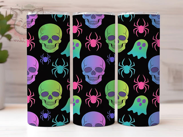 Neon Halloween Spooky Tumbler, Ghosts Skulls Spiders Wrap, Spooky Neon Cup, 20Oz Sublimation Design, Bright Halloween Drinkware, Glow In Dark Mug, Kawaii Neon Tumbler Sublimation Lara' s Designs 