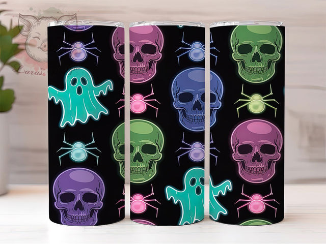 Neon Halloween Spooky Tumbler, Ghosts Skulls Spiders Wrap, Spooky Neon Cup, 20Oz Sublimation Design, Bright Halloween Drinkware, Glow In Dark Mug, Kawaii Neon Tumbler Sublimation Lara' s Designs 