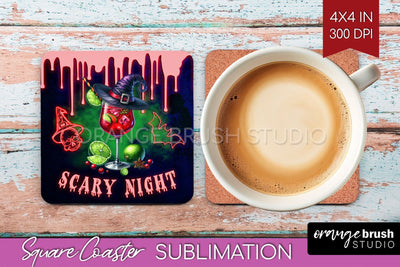 Neon Halloween Square Coaster - Cocktail Coaster Sublimation Sublimation OrangeBrushStudio 