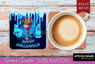 Neon Halloween Square Coaster - Cocktail Coaster Sublimation Sublimation OrangeBrushStudio 