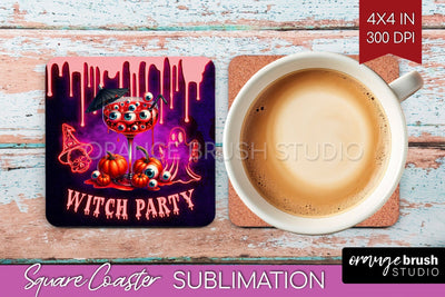 Neon Halloween Square Coaster - Cocktail Coaster Sublimation Sublimation OrangeBrushStudio 