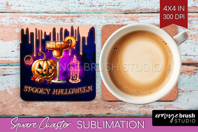 Neon Halloween Square Coaster - Cocktail Coaster Sublimation Sublimation OrangeBrushStudio 