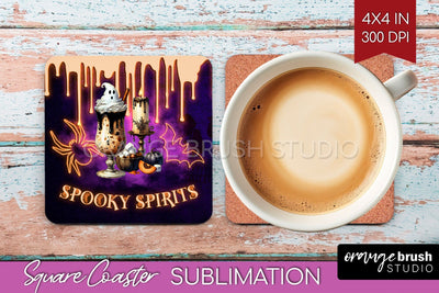 Neon Halloween Square Coaster - Cocktail Coaster Sublimation Sublimation OrangeBrushStudio 