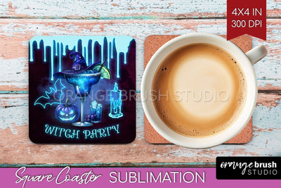 Neon Halloween Square Coaster - Cocktail Coaster Sublimation Sublimation OrangeBrushStudio 