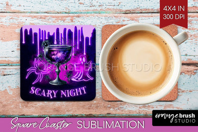 Neon Halloween Square Coaster - Cocktail Coaster Sublimation Sublimation OrangeBrushStudio 