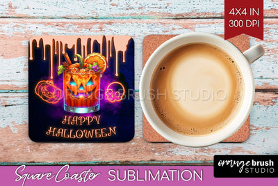 Neon Halloween Square Coaster - Cocktail Coaster Sublimation Sublimation OrangeBrushStudio 