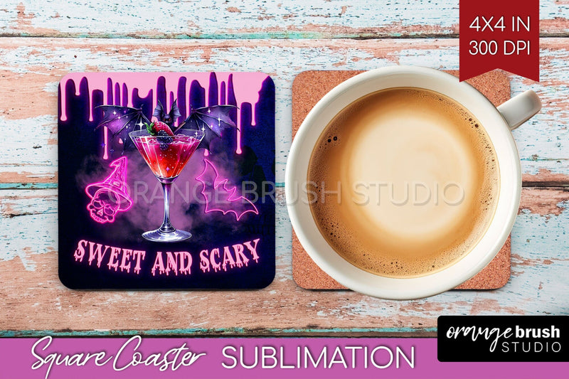 Neon Halloween Square Coaster - Cocktail Coaster Sublimation Sublimation OrangeBrushStudio 
