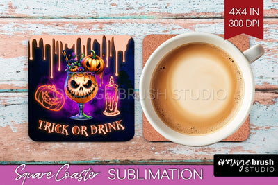 Neon Halloween Square Coaster - Cocktail Coaster Sublimation Sublimation OrangeBrushStudio 