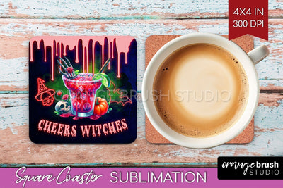 Neon Halloween Square Coaster - Cocktail Coaster Sublimation Sublimation OrangeBrushStudio 