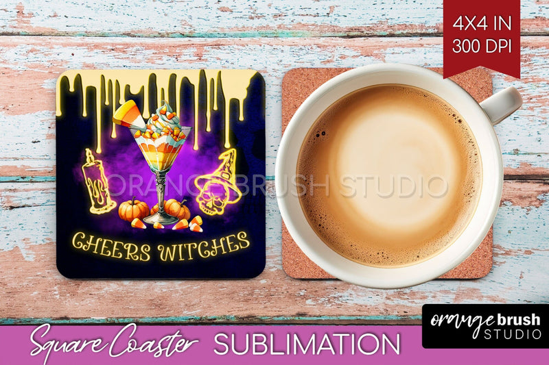 Neon Halloween Square Coaster - Cocktail Coaster Sublimation Sublimation OrangeBrushStudio 