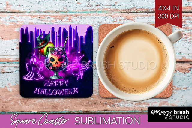 Neon Halloween Square Coaster - Cocktail Coaster Sublimation Sublimation OrangeBrushStudio 