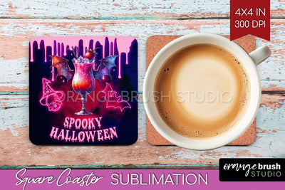 Neon Halloween Square Coaster - Cocktail Coaster Sublimation Sublimation OrangeBrushStudio 