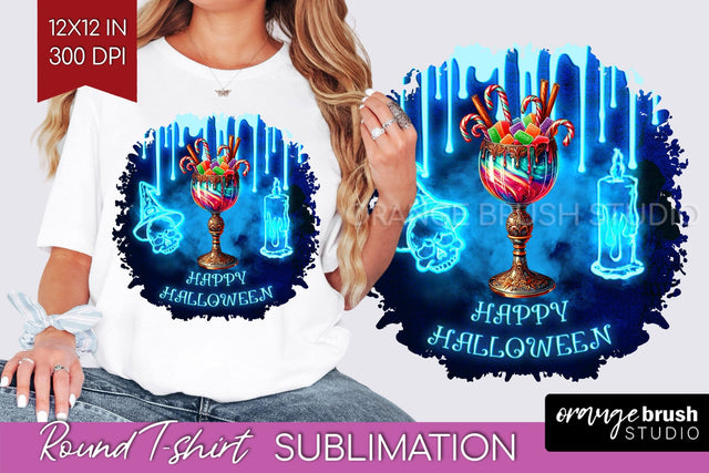Neon Halloween T Shirt Background - Cocktail Round PNG Sublimation OrangeBrushStudio 